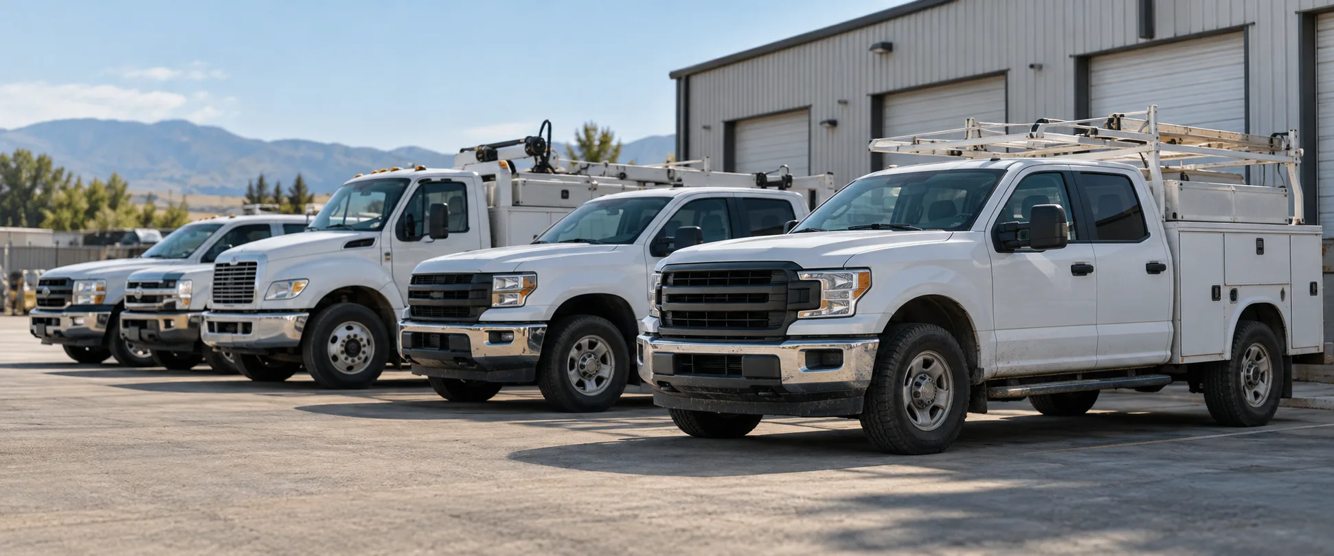 Illustrative fleet of work trucks parked at a service depot.